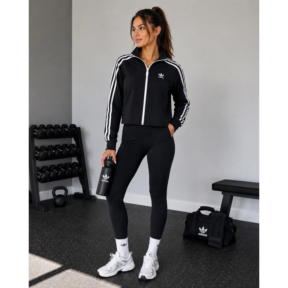 Adidas Originals Cropped Track Jacket S Black 3 Stripe Zip Athletic Sporty Y2K